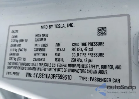 2023 Tesla Model 3 Rear-Wheel Drive из США, поврежденный, VIN 5YJ3E1EA3PF599610
